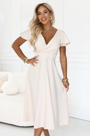 Vestido Midi Evasé com Decote Cruzado e Mangas Curtas - Bege