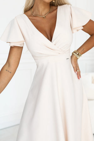 Vestido Midi Evasé com Decote Cruzado e Mangas Curtas - Bege