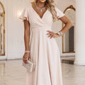 Vestido Midi Evasé com Decote Cruzado e Mangas Curtas - Bege