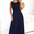 Vestido Longo de Tule Elira com Decote Redondo - Azul-marinho