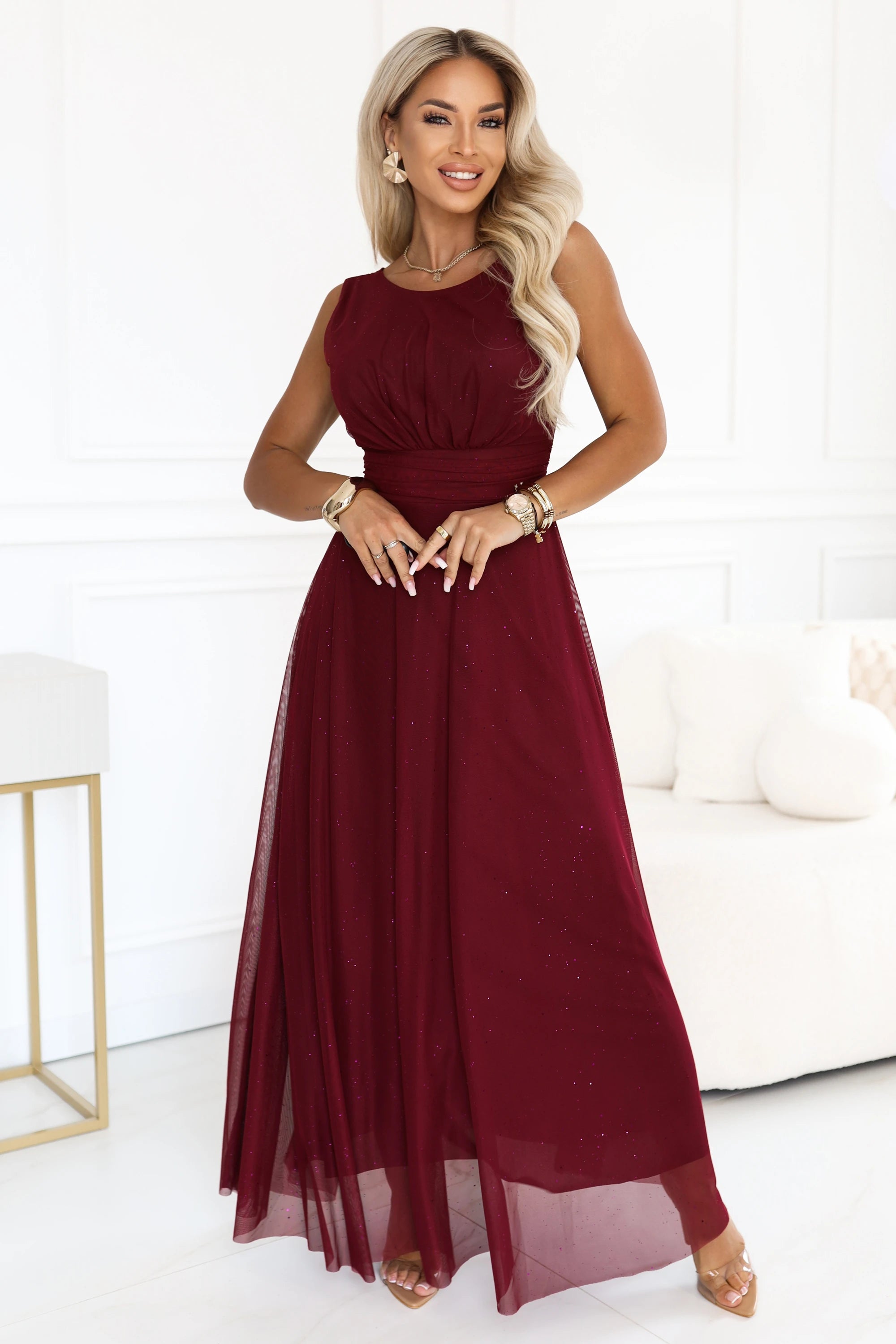 Vestido Longo AVELINE de Tule com Brilho - Vinho
