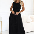 Vestido Maxi com Tule Brilhante e Decote Redondo - Preto