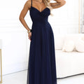 Vestido Longo de Tule com Alças e Decote Cruzado - Azul-marinho