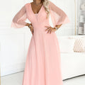 Vestido Longo Brilhante com Decote e Mangas