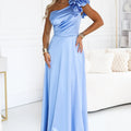 Vestido Longo de Festa em Cetim com um Ombro Só e Folho Decorativo - Azul Claro