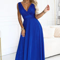Vestido Longo Mirella Azul Anémona com Detalhe em Brilho e Decote em V