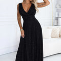 Vestido Longo MIRELLA com Tule Brilhante e Decote em V - Preto