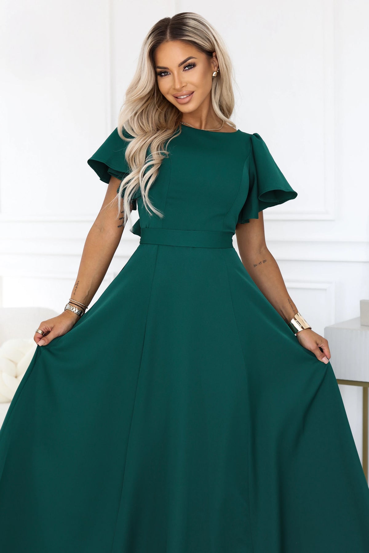 Vestido Longo MIRELLA Evasé com Mangas Curtas - Verde Garrafa