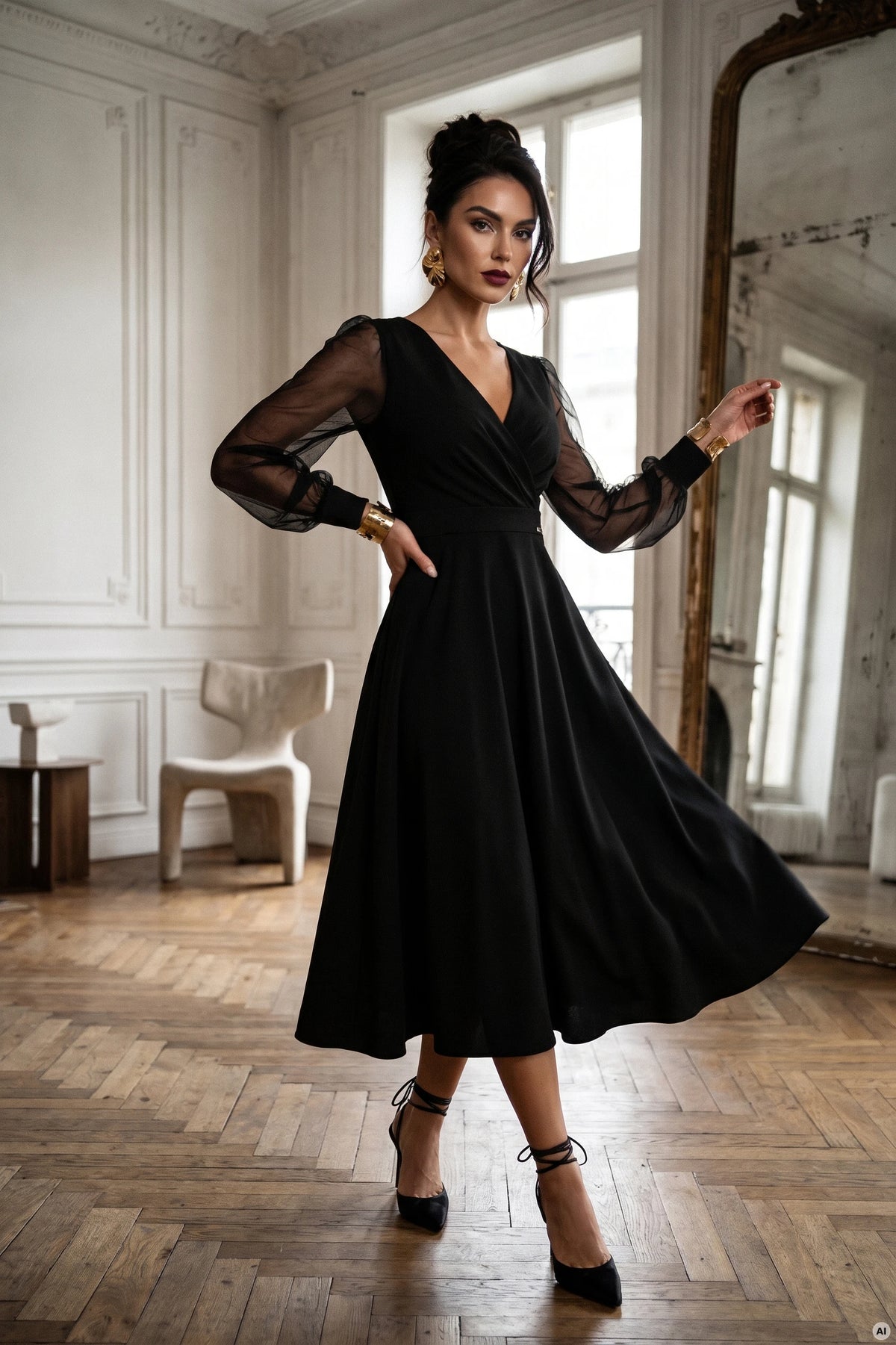 Vestido Midi Evasé com Decote Cruzado e Mangas Transparentes - Preto