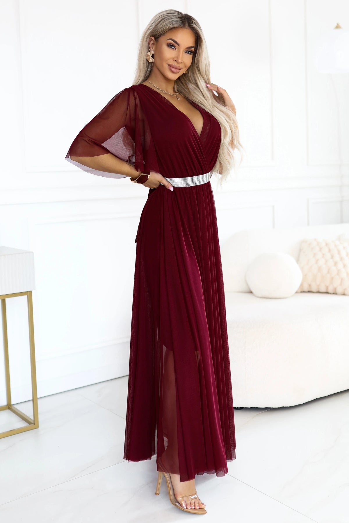 Vestido Longo com Decote Cruzado e Cinto Joia - Bordô